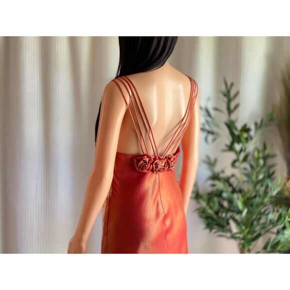 Vintage 90s Let’s Fashion Iridescent Orange Rosette Gown Open Back Dress Size L - Picture 8 of 15